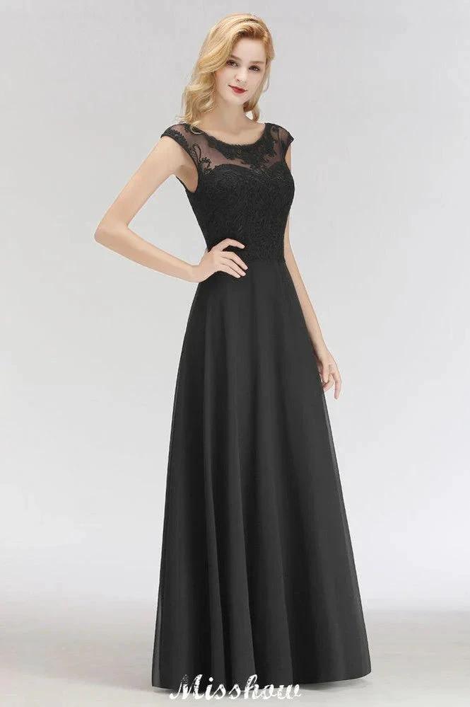 Elegant Jewel Sleeveless floor-Length A-line Lace Black Bridesmaid Dress by misshow.com