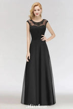 Elegant Jewel Sleeveless floor-Length A-line Lace Black Bridesmaid Dress by misshow.com
