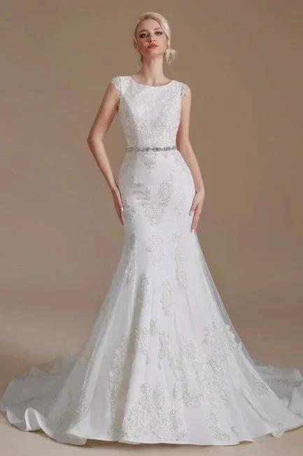 Elegant Jewel Sleeveless Mermaid Floor-Length Satin Wedding Dresses with Lace by misshow.com