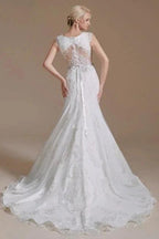 Elegant Jewel Sleeveless Mermaid Floor-Length Satin Wedding Dresses with Lace by misshow.com