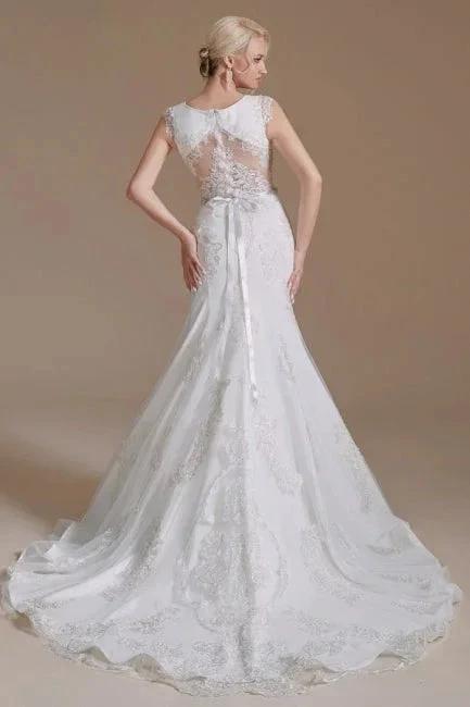 Elegant Jewel Sleeveless Mermaid Floor-Length Satin Wedding Dresses with Lace by misshow.com