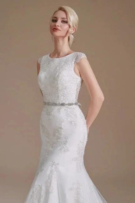 Elegant Jewel Sleeveless Mermaid Floor-Length Satin Wedding Dresses with Lace by misshow.com