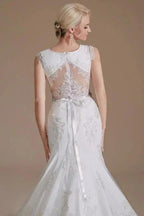 Elegant Jewel Sleeveless Mermaid Floor-Length Satin Wedding Dresses with Lace by misshow.com