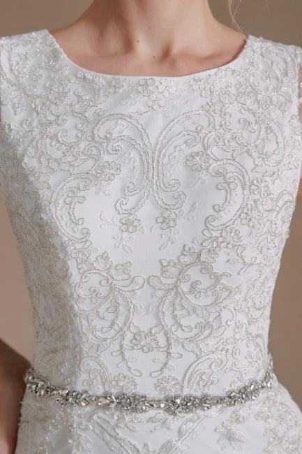 Elegant Jewel Sleeveless Mermaid Floor-Length Satin Wedding Dresses with Lace by misshow.com