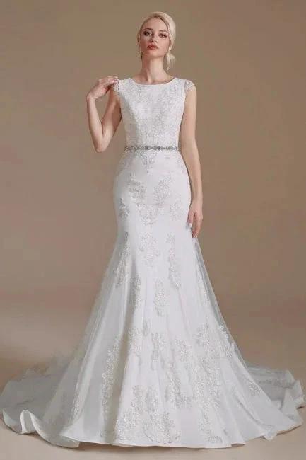 Elegant Jewel Sleeveless Mermaid Floor-Length Satin Wedding Dresses with Lace by misshow.com