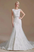 Elegant Jewel Sleeveless Mermaid Floor-Length Satin Wedding Dresses with Lace by misshow.com