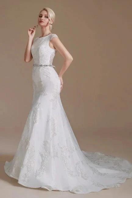 Elegant Jewel Sleeveless Mermaid Floor-Length Satin Wedding Dresses with Lace by misshow.com