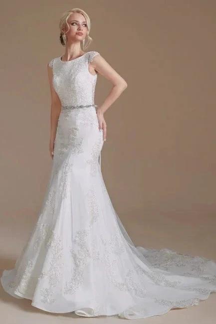 Elegant Jewel Sleeveless Mermaid Floor-Length Satin Wedding Dresses with Lace by misshow.com