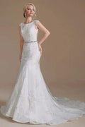 Elegant Jewel Sleeveless Mermaid Floor-Length Satin Wedding Dresses with Lace by misshow.com