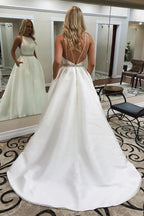 Elegant Jewel Sleeveless Sweep Train Wedding Dress with Pockets WD501 by pgmdress