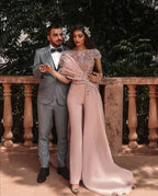 Elegant Lace Aplliques Short Sleeves Evening Jumpsuit With Train by misshow.com