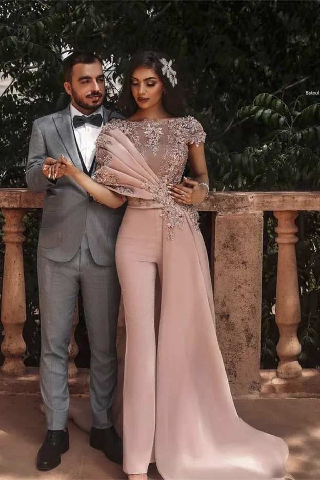 Elegant Lace Aplliques Short Sleeves Evening Jumpsuit With Train by misshow.com