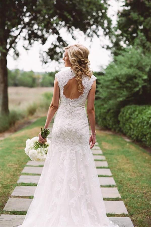 Elegant Lace Appliques Wedding Dress With Zipper Button WD048 by pgmdress