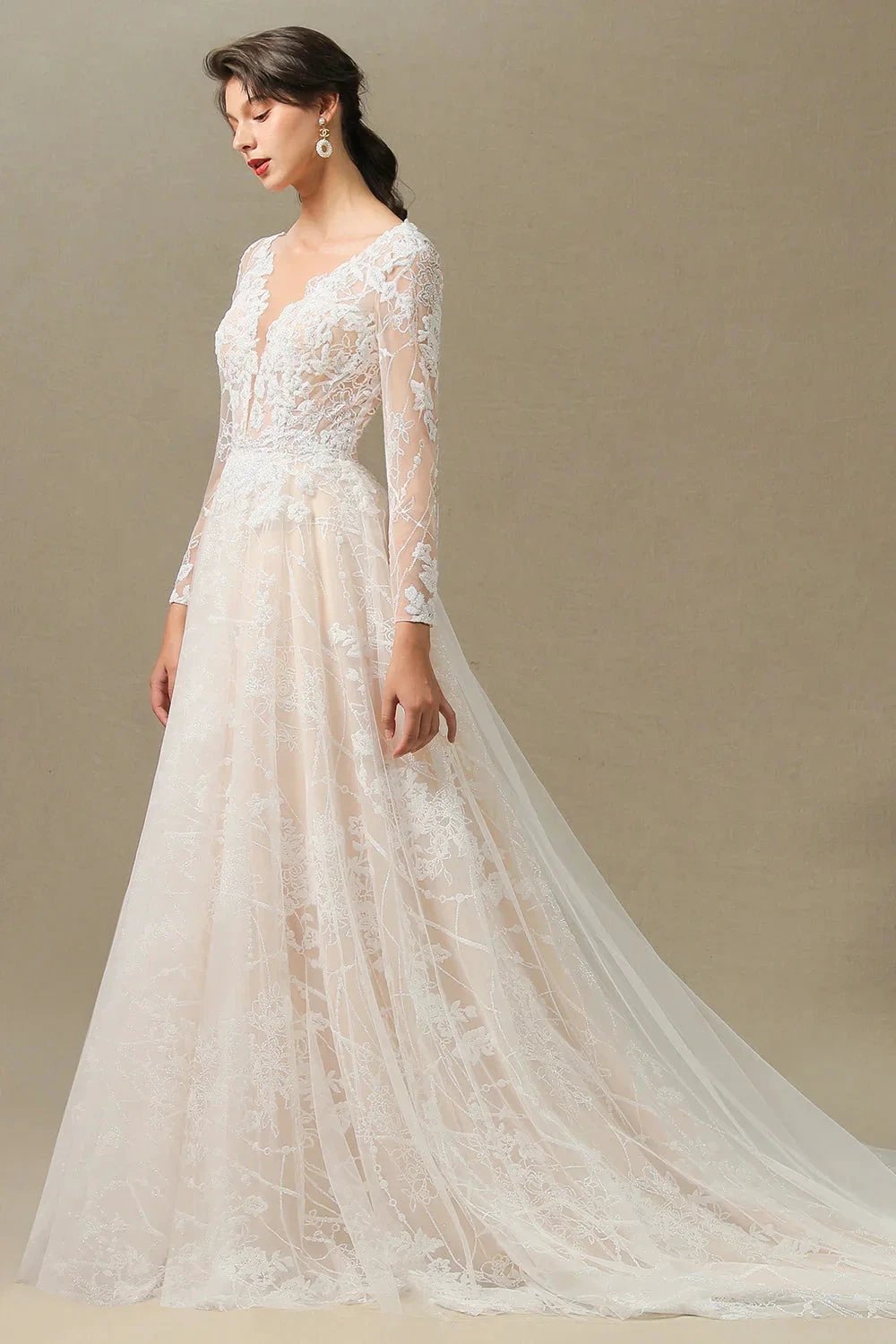 Elegant Lace Deep V-neck Wedding Dress Long Sleeve Floor Length Bridal Gowns by misshow.com