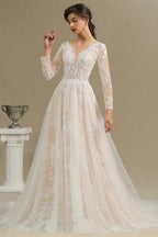 Elegant Lace Deep V-neck Wedding Dress Long Sleeve Floor Length Bridal Gowns by misshow.com