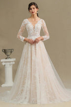 Elegant Lace Deep V-neck Wedding Dress Long Sleeve Floor Length Bridal Gowns by misshow.com