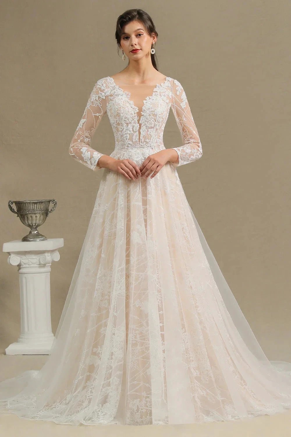 Elegant Lace Deep V-neck Wedding Dress Long Sleeve Floor Length Bridal Gowns by misshow.com