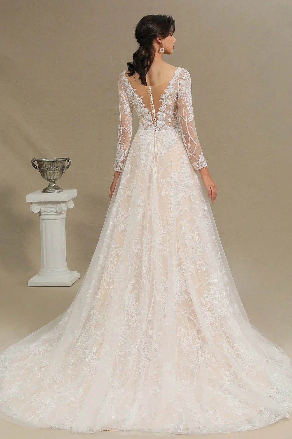 Elegant Lace Deep V-neck Wedding Dress Long Sleeve Floor Length Bridal Gowns by misshow.com
