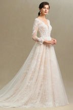 Elegant Lace Deep V-neck Wedding Dress Long Sleeve Floor Length Bridal Gowns by misshow.com