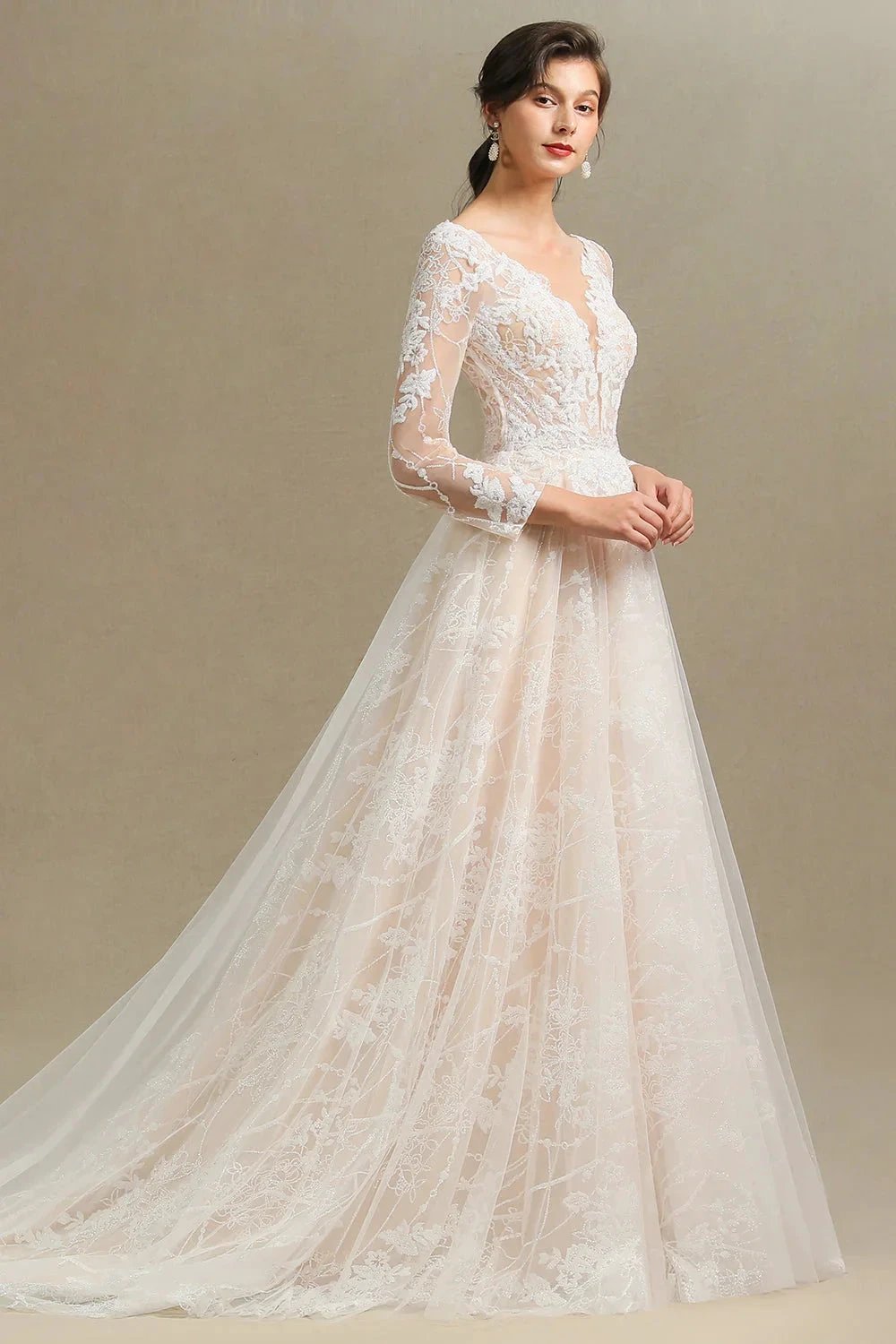 Elegant Lace Deep V-neck Wedding Dress Long Sleeve Floor Length Bridal Gowns by misshow.com