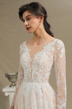 Elegant Lace Deep V-neck Wedding Dress Long Sleeve Floor Length Bridal Gowns by misshow.com