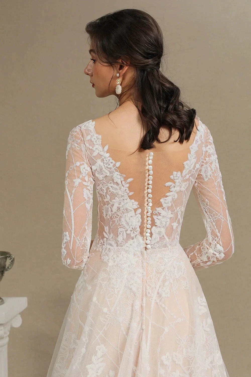 Elegant Lace Deep V-neck Wedding Dress Long Sleeve Floor Length Bridal Gowns by misshow.com