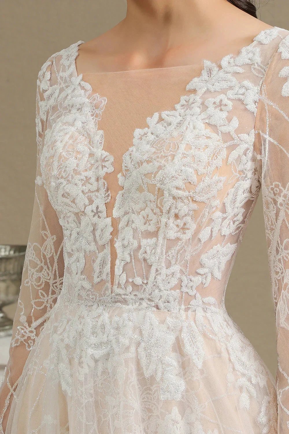 Elegant Lace Deep V-neck Wedding Dress Long Sleeve Floor Length Bridal Gowns by misshow.com