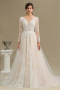 Elegant Lace Deep V-neck Wedding Dress Long Sleeve Floor Length Bridal Gowns by misshow.com