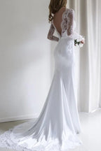 Elegant Lace Long Sleeves Mermaid White Long Wedding Dress with Train WD110