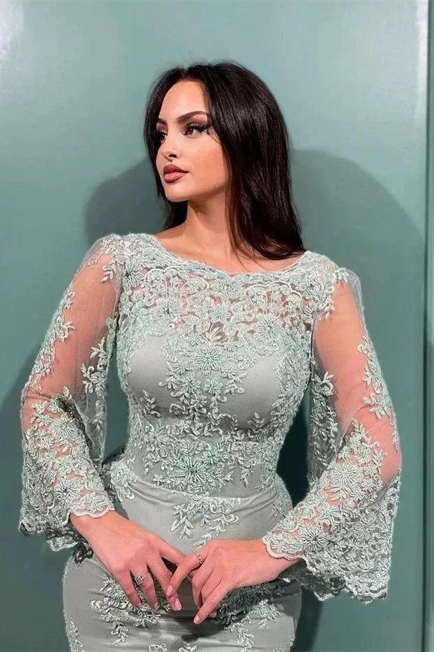 Elegant Lace Mermaid Evening Dresses With Long Sleeves by misshow.com
