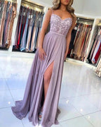Elegant Lilac A-line Split Long Evening Dresses With Lace by misshow.com