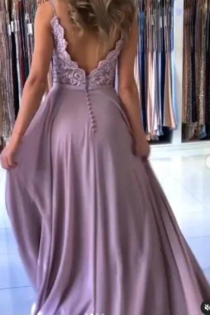 Elegant Lilac A-line Split Long Evening Dresses With Lace by misshow.com