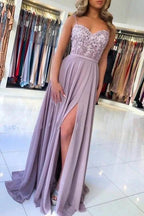 Elegant Lilac A-line Split Long Evening Dresses With Lace by misshow.com