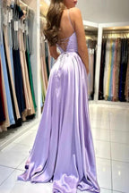 Elegant Lilac Long A-line Spaghetti Straps Lace-Up Satin Prom Dresses by BIZTUNNEL
