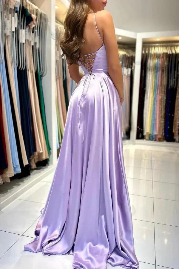 Elegant Lilac Long A-line Spaghetti Straps Lace-Up Satin Prom Dresses by BIZTUNNEL