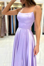 Elegant Lilac Long A-line Spaghetti Straps Lace-Up Satin Prom Dresses by BIZTUNNEL