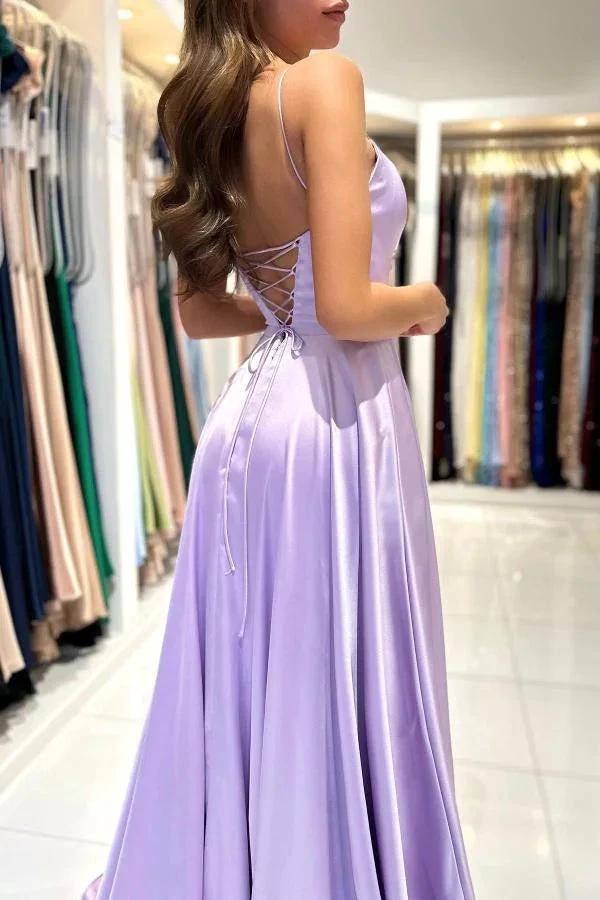 Elegant Lilac Long A-line Spaghetti Straps Lace-Up Satin Prom Dresses by BIZTUNNEL