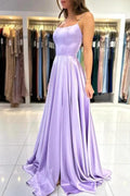 Elegant Lilac Long A-line Spaghetti Straps Lace-Up Satin Prom Dresses by BIZTUNNEL