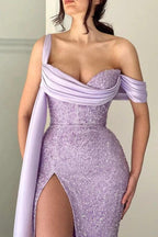 Elegant Lilac Long Glitter Off-the-shoulder Mermaid Evening Dresses With Slit by misshow.com