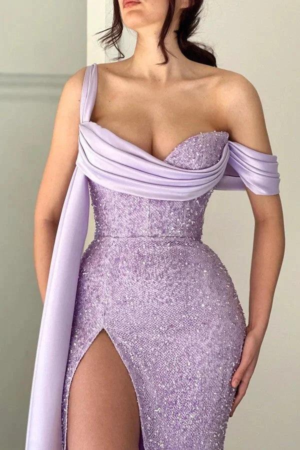Elegant Lilac Long Glitter Off-the-shoulder Mermaid Evening Dresses With Slit by misshow.com