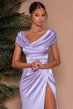 Elegant Lilac Long Split Front Mermaid Prom Dresses with Ruffles by misshow.com