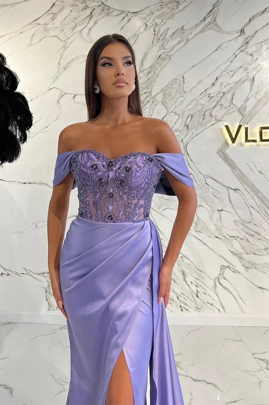 Elegant Lilac Off-the-shoulder Beading Mermaid Prom Dress With Slit by misshow.com