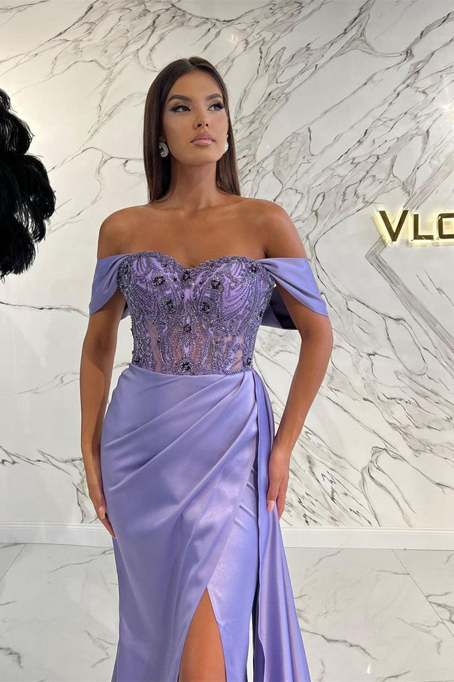 Elegant Lilac Off-the-shoulder Beading Mermaid Prom Dress With Slit Main Image