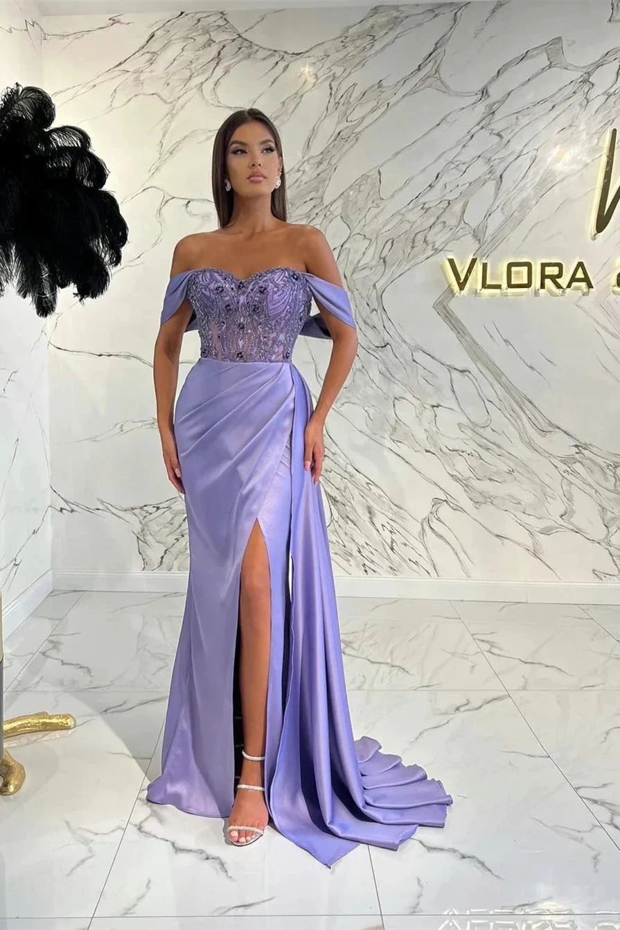 Elegant Lilac Off-the-shoulder Beading Mermaid Prom Dress With Slit by misshow.com