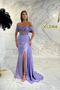 Elegant Lilac Off-the-shoulder Beading Mermaid Prom Dress With Slit by misshow.com