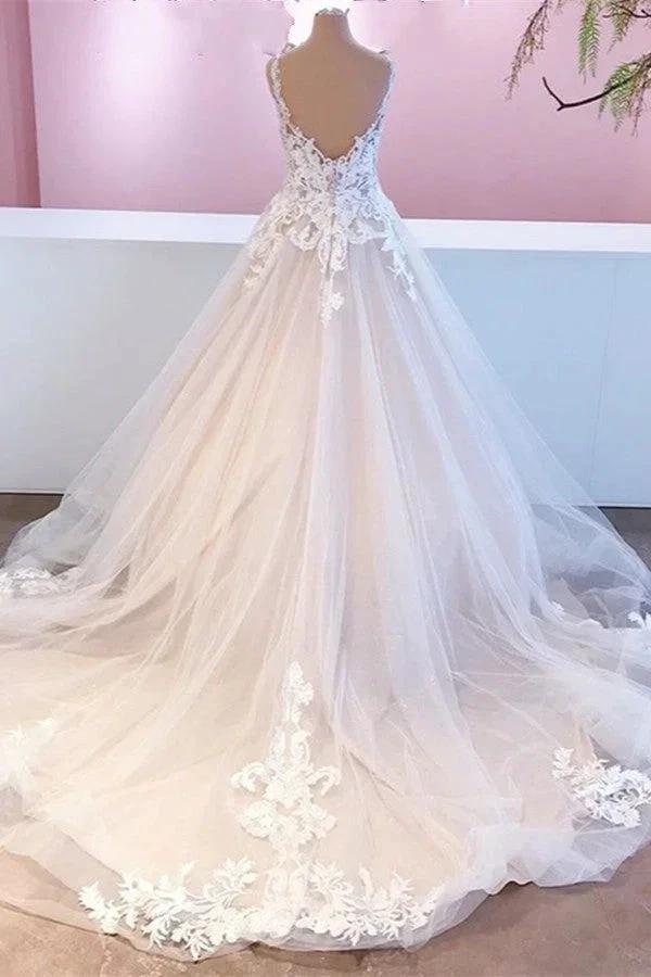 Elegant Long A-Line Appliques Lace Tulle Sweetheart Backless Wedding Dress by BIZTUNNEL