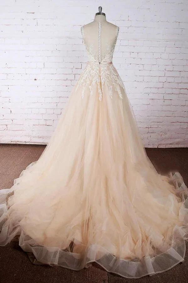 Elegant Long A-line Appliques Lace Tulle Wedding Dress by BIZTUNNEL