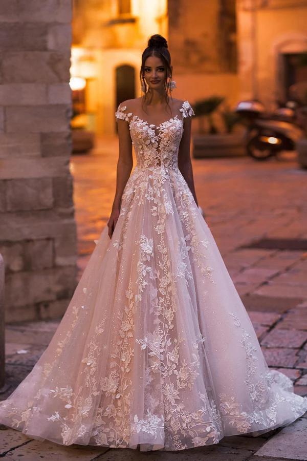 Elegant Long A-Line Bateau Appliques Lace Backless Sequins Wedding Dress by BIZTUNNEL