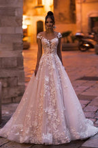 Elegant Long A-Line Bateau Appliques Lace Backless Sequins Wedding Dress by BIZTUNNEL