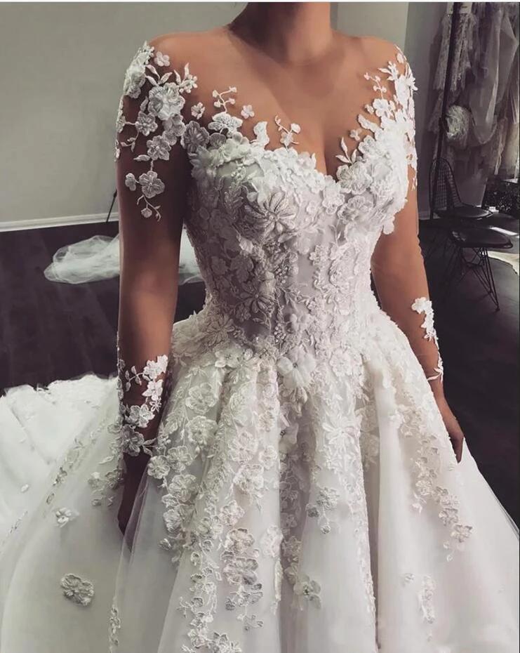 Elegant Long A-Line Bateau Appliques Lace Wedding Dress with Sleeves by BIZTUNNEL